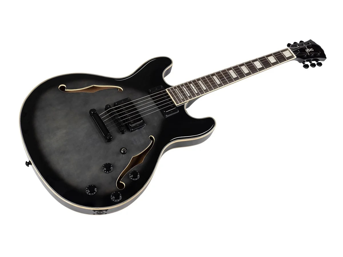 Indio Boardwalk Flamed Maple Hollow Body Electric Guitar - Charcoal, with Gig Bag
