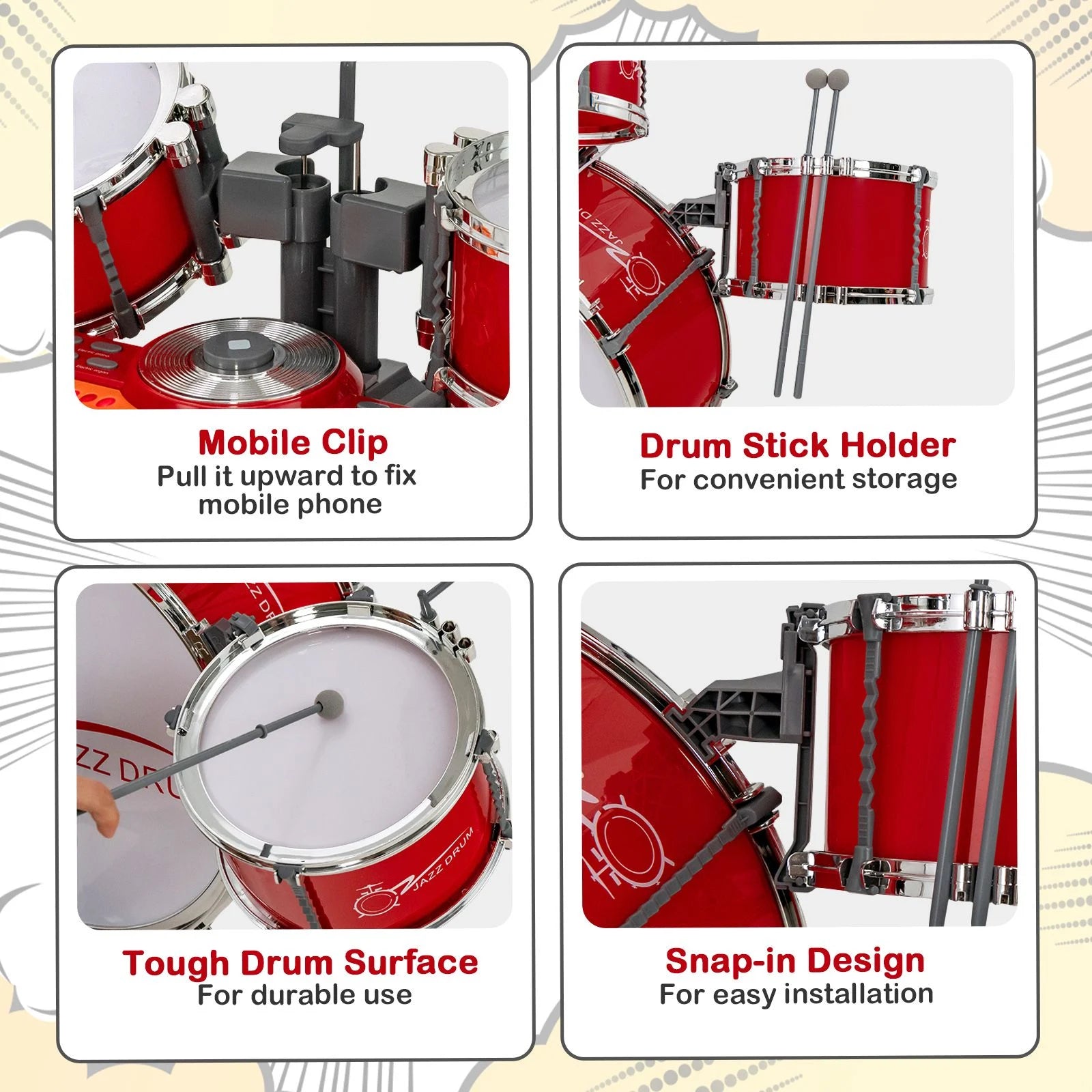 Kids Drum Kit with 8-Keys Keyboard, Microphone and 2 Drumsticks