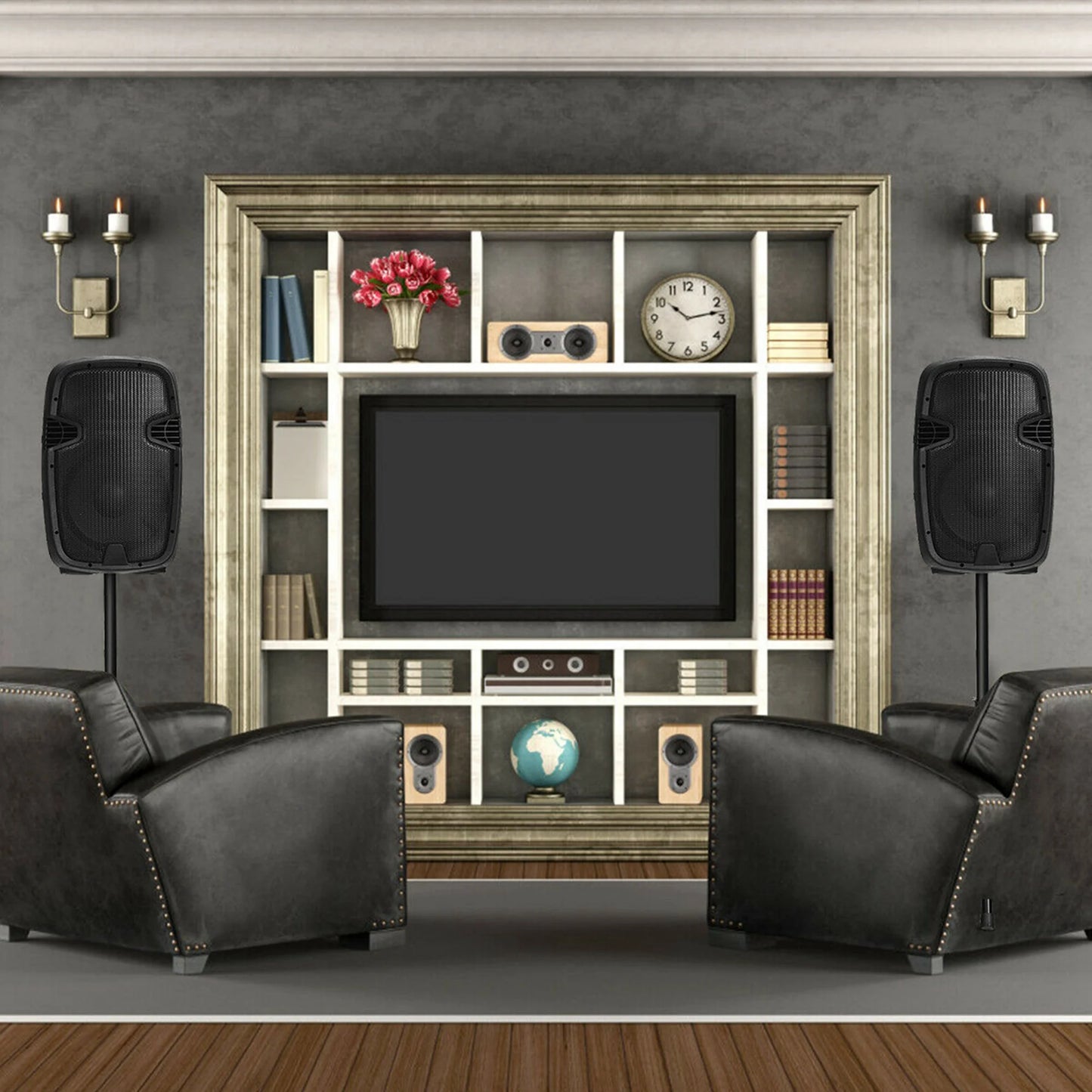 Dual 12 in 2 Way 2000W Powered Speakers with Mic Speaker Stands Control Cables