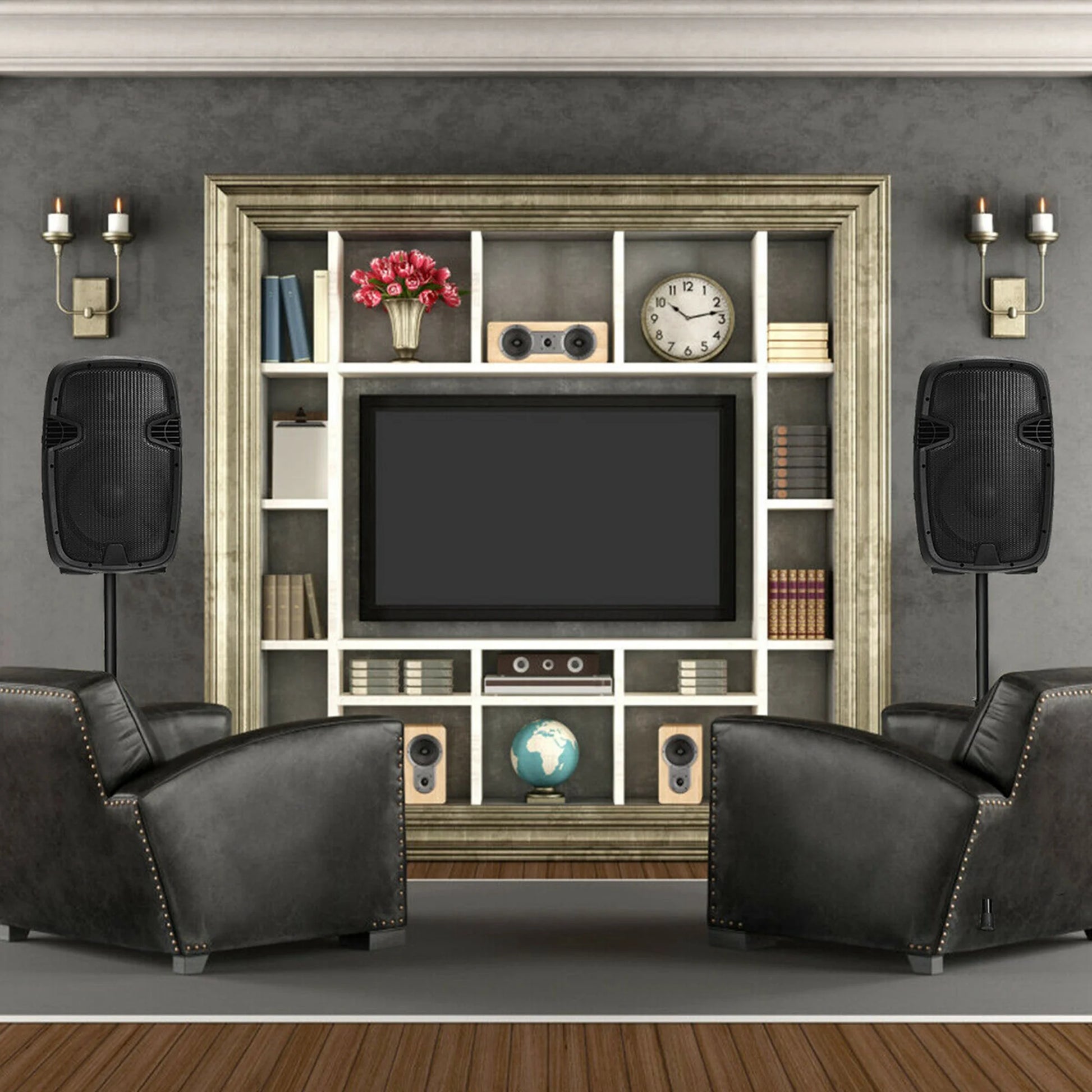 Dual 12 in 2 Way 2000W Powered Speakers with Mic Speaker Stands Control Cables