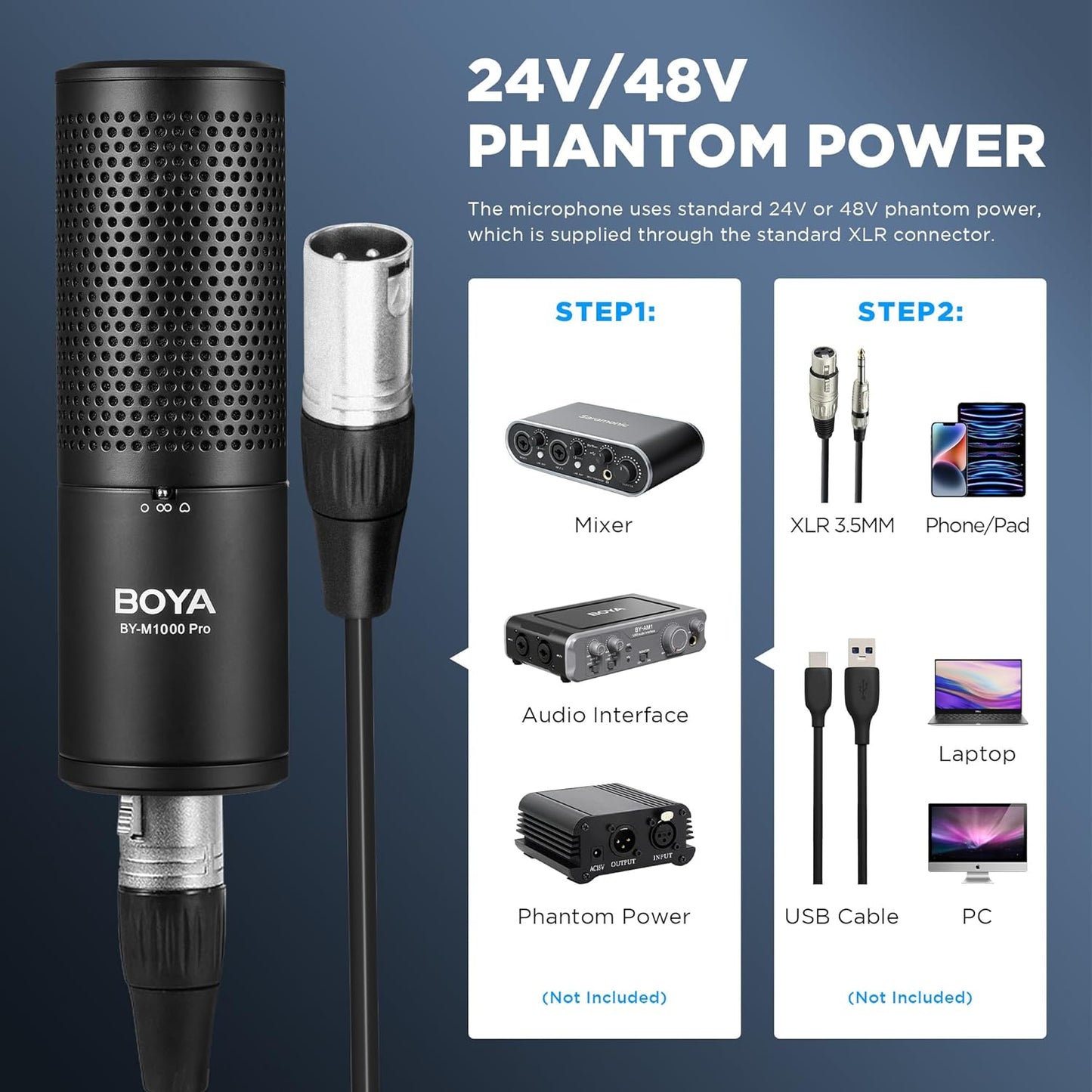 XLR Large Diaphragm Studio Condenser Microphone, 48V Phantom Power Vocal Recording Mic for Singing Podcast, Project Home Audio Youtube Facebook Streaming (BY-M1000 Pro)