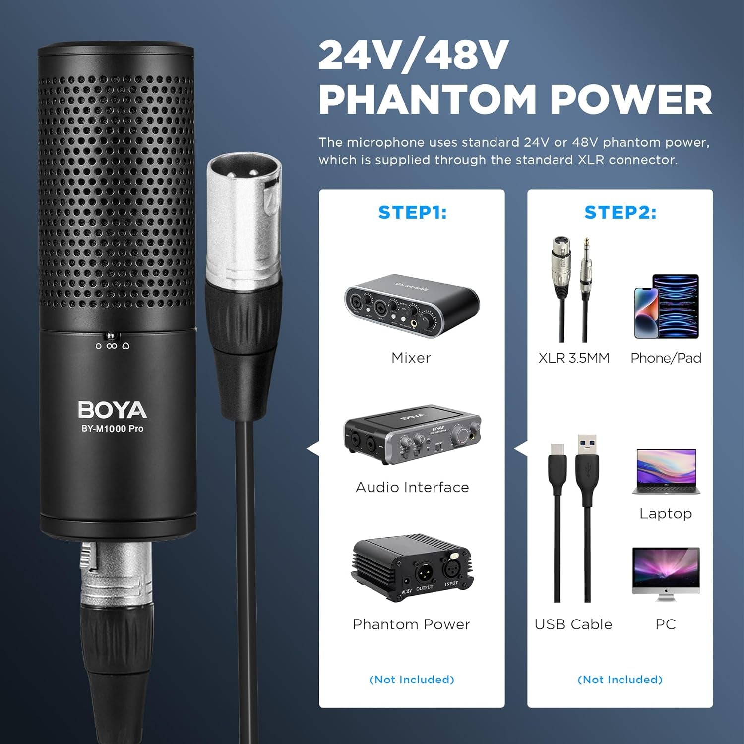 XLR Large Diaphragm Studio Condenser Microphone, 48V Phantom Power Vocal Recording Mic for Singing Podcast, Project Home Audio Youtube Facebook Streaming (BY-M1000 Pro)