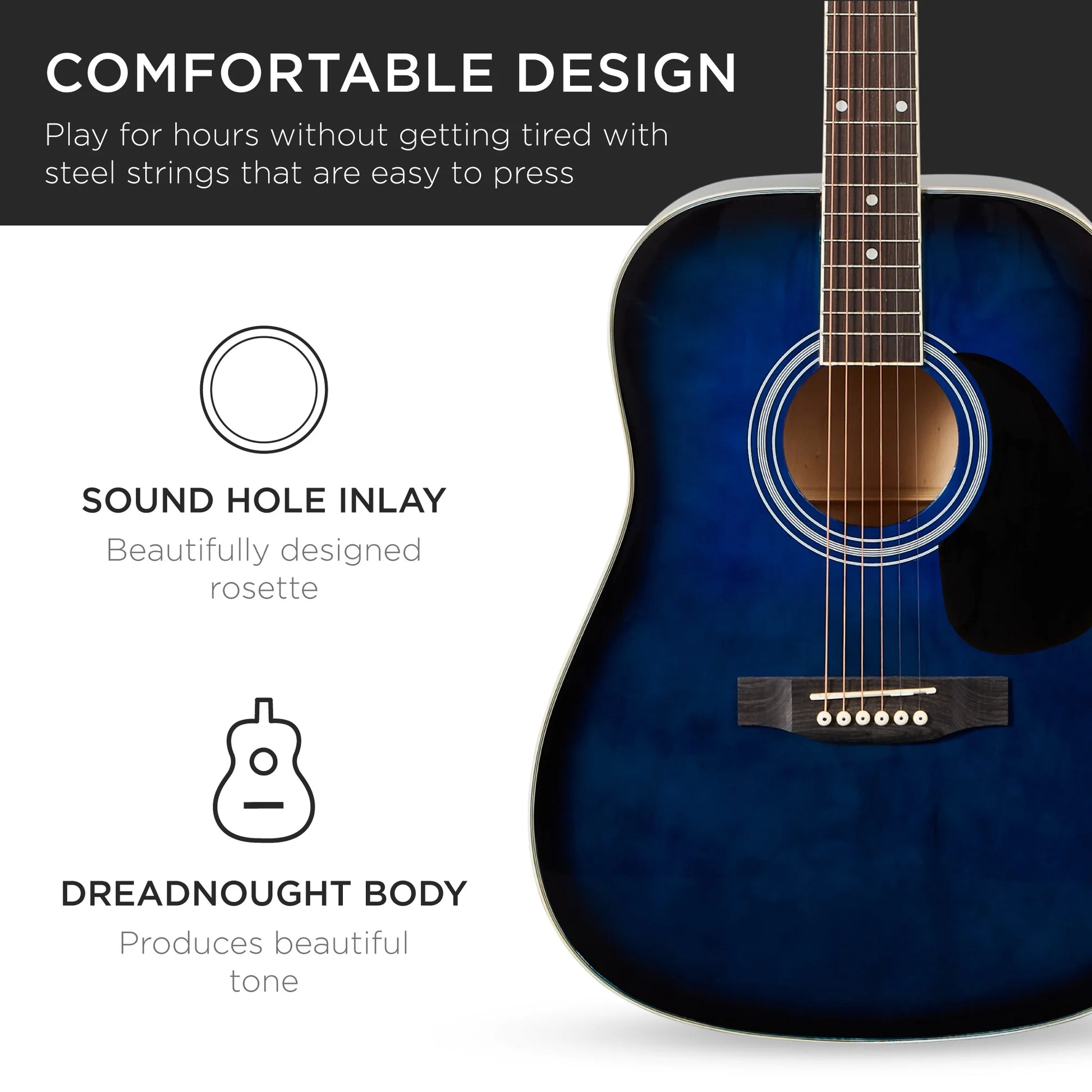 41In Full Size All-Wood Acoustic Guitar Starter Kit W/Gig Bag, E-Tuner, Pick, Strap, Rag - Blue