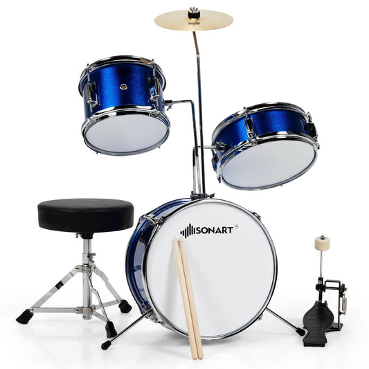 13 Inch 3-Piece Kids Junior Beginner Drum Set W/Tom Snare Bass Drum Blue