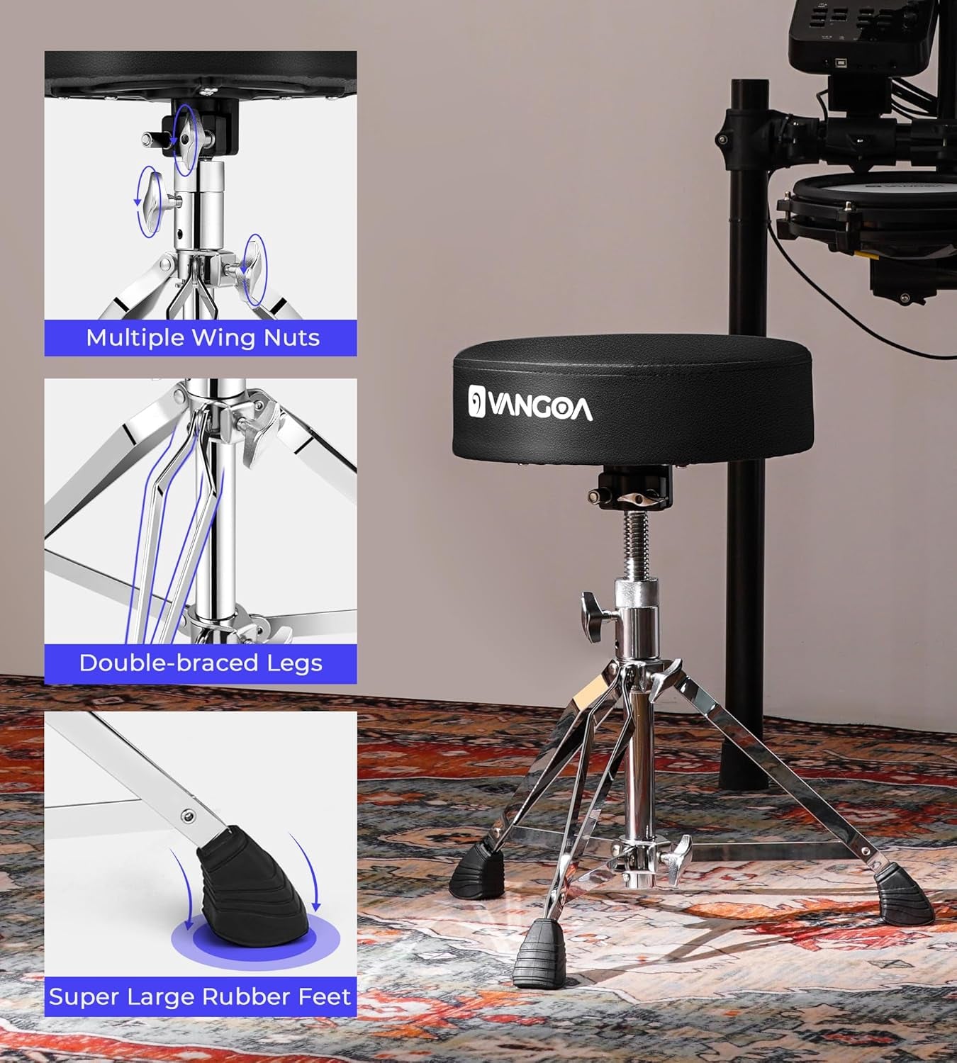 Drum Stool Throne Set for Kids Teens Adults, Drum Seat Chair Height Adjustable Double Braced Upgraded Drumming Stool with 5A Drumsticks for Drummers