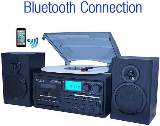 BT-28SPB, Bluetooth Record Player Turntable with AM/FM Radio, Cassette Player, CD Player