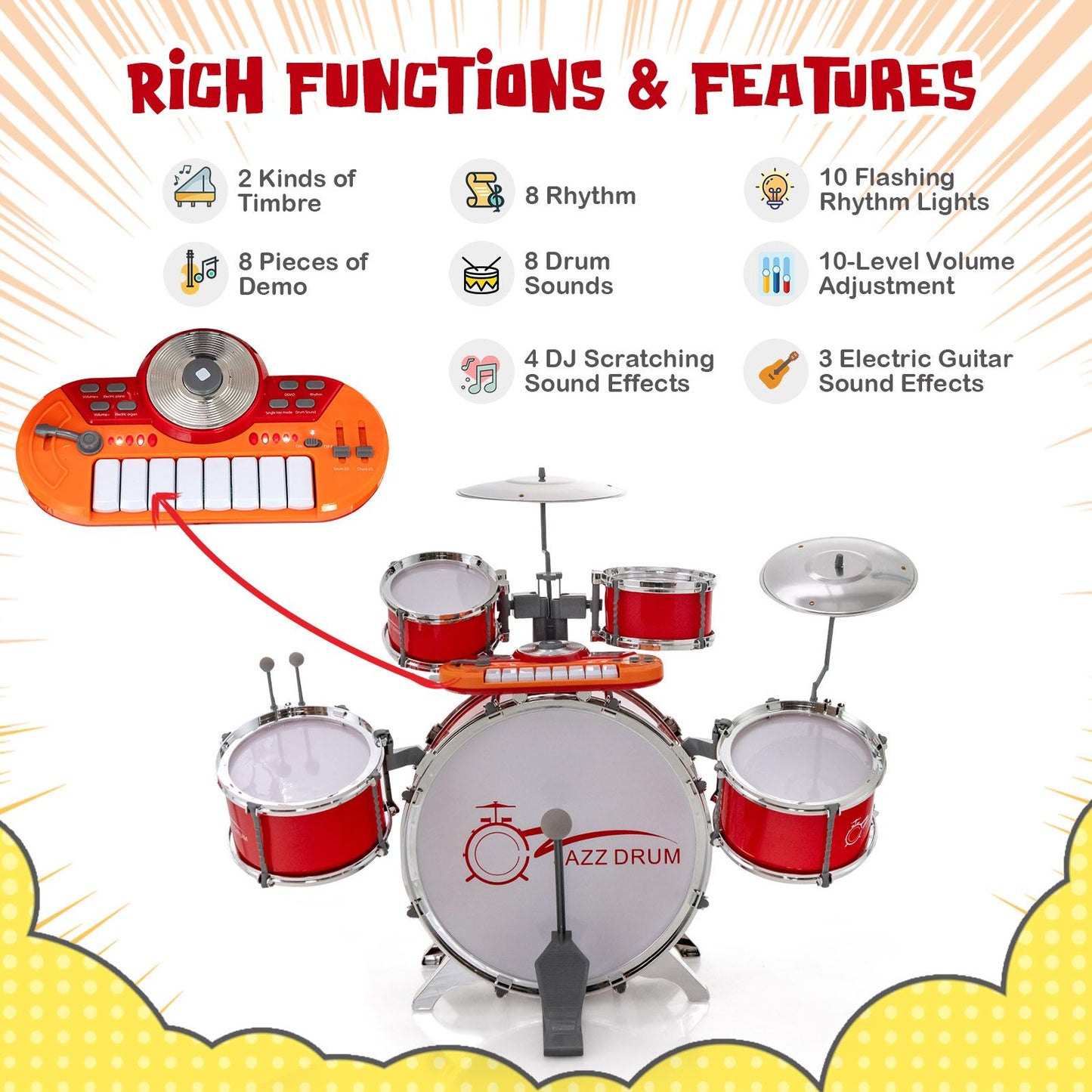 Kids Drum Kit with 8-Keys Keyboard, Microphone and 2 Drumsticks