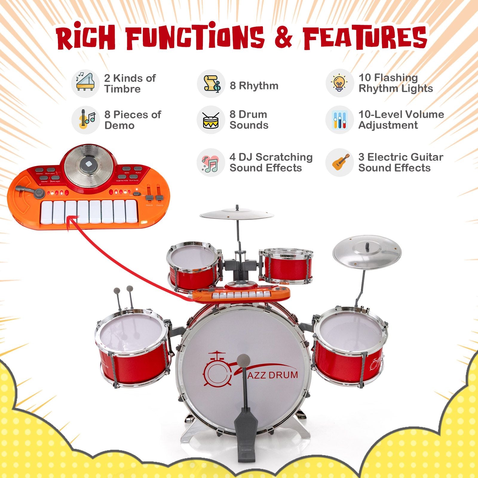 Kids Drum Kit with 8-Keys Keyboard, Microphone and 2 Drumsticks