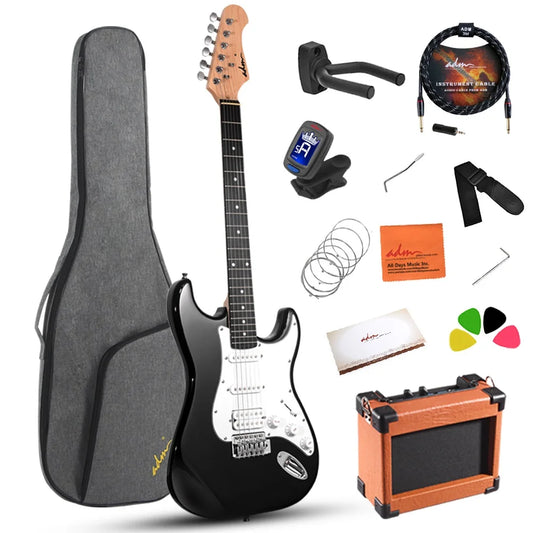 Electric Guitar Solid-Wood Body 39" Beginner Guitar Kit with Amplifier, Bag, Strap, String, Tuner, Cable, Picks and Free Lesson, Black