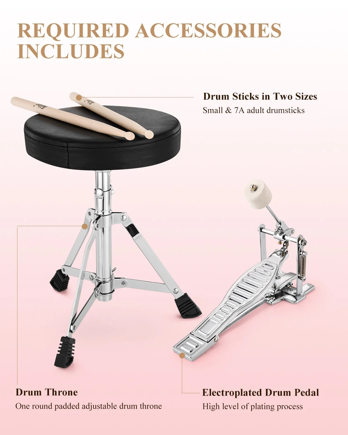 Drum Set for Kids 14 Inch 3-Piece Drums Kit Child Beginners Jazz Musical Instrument, Throne, Cymbal, Pedal, Drumsticks, Red
