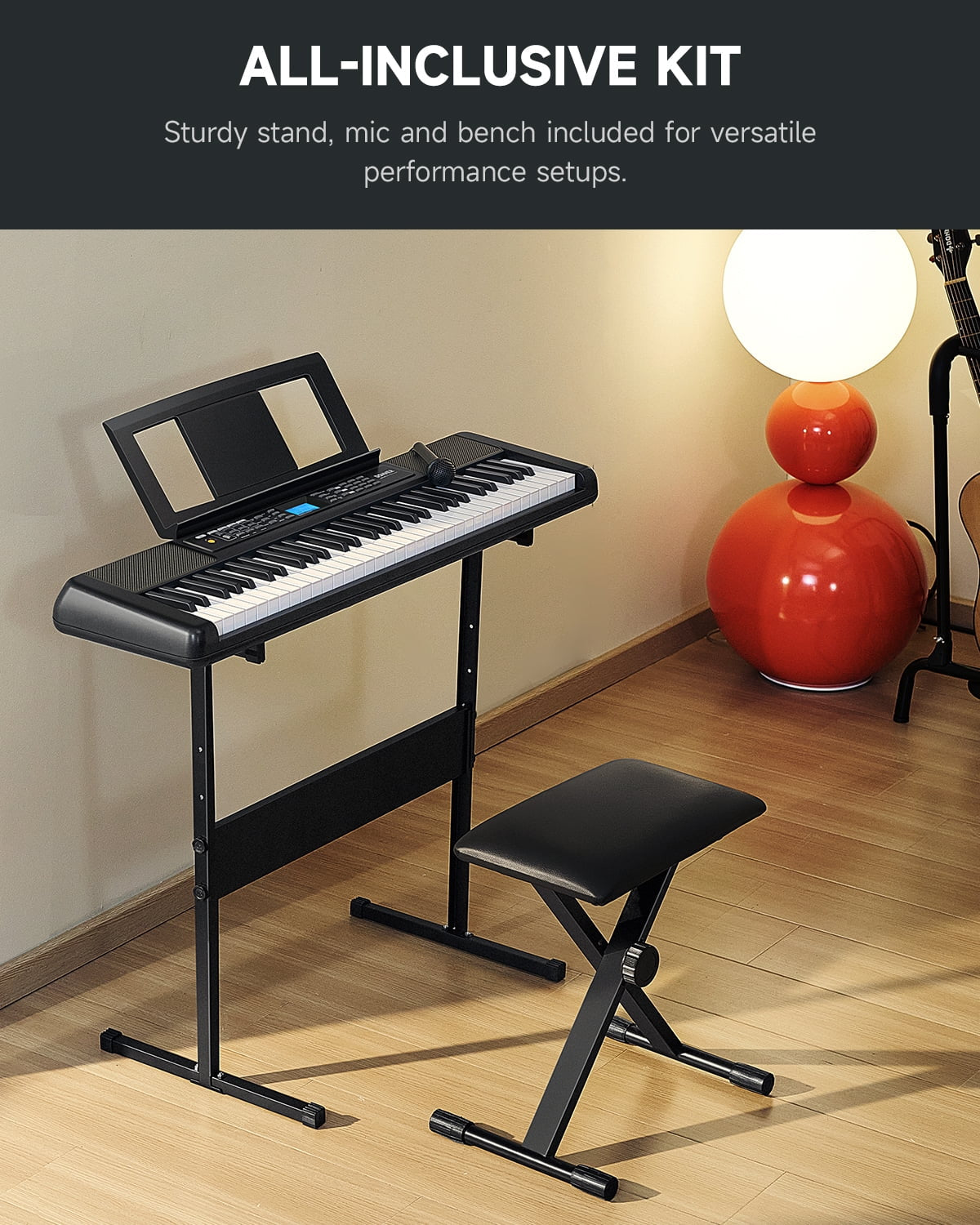 New Arrival DEK-200 61 Key Piano Full-Size Electronic Keyboard Set, Dual Keyboard, Auto Accompaniment, Metronome, Record, Includes 300 Tones and Rhythms, with Stand, Bench, Microphone