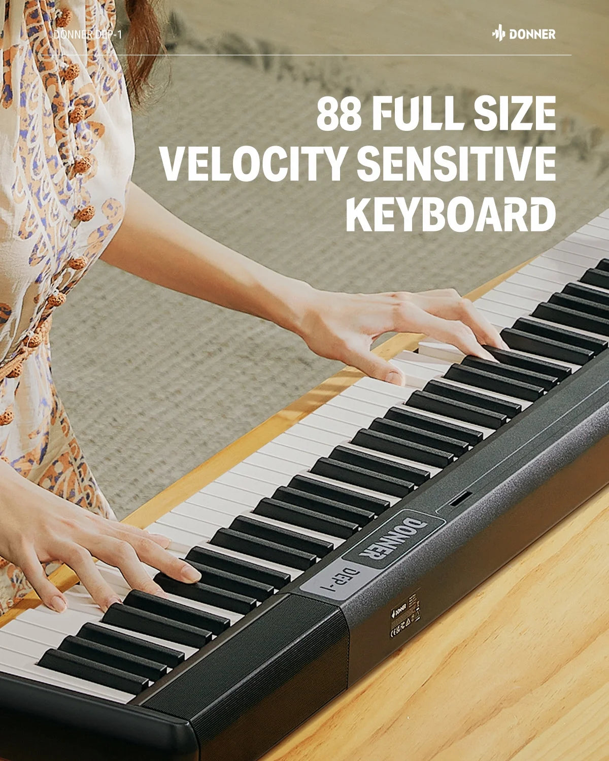 Piano Keyboard 88 Keys, Velocity-Sensitive Digital Keyboard Piano for Beginner, Portable Electric Piano with Stand, Sustain Pedal, Black, DEP-1