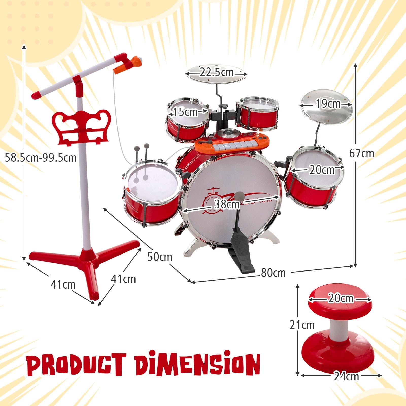 Kids Drum Kit with 8-Keys Keyboard, Microphone and 2 Drumsticks