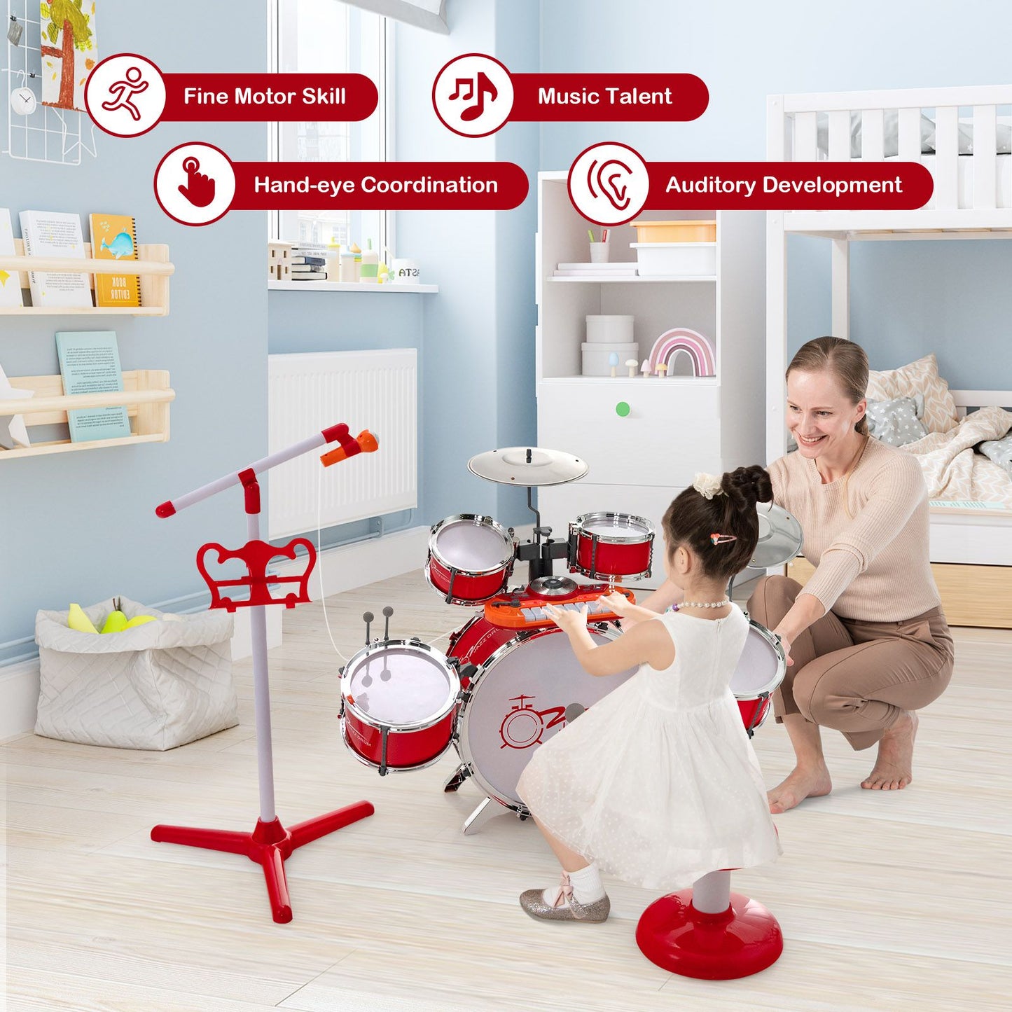 Kids Drum Kit with 8-Keys Keyboard, Microphone and 2 Drumsticks