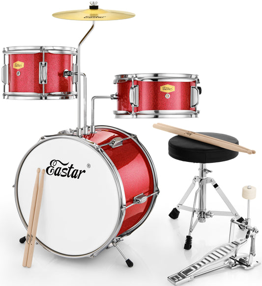 Drum Set for Kids 14 Inch 3-Piece Drums Kit Child Beginners Jazz Musical Instrument, Throne, Cymbal, Pedal, Drumsticks, Red