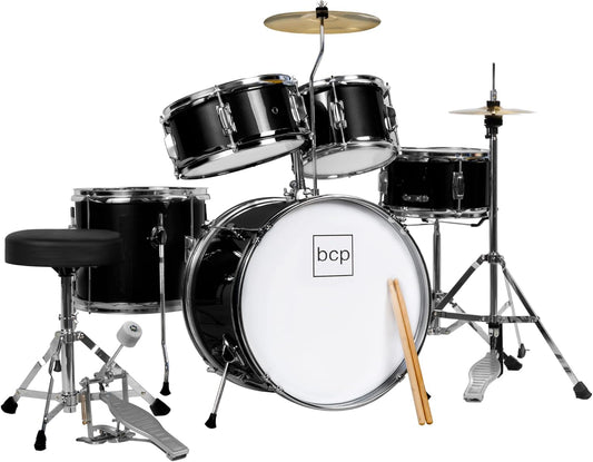 Kids Drum Set 5-Piece 16In Beginner Drum Set Junior Drum Kit, Starter Percussion Set W/Cymbals, Pedal, Drumsticks, Stool, Toms, Snare, Hi Hat - Black