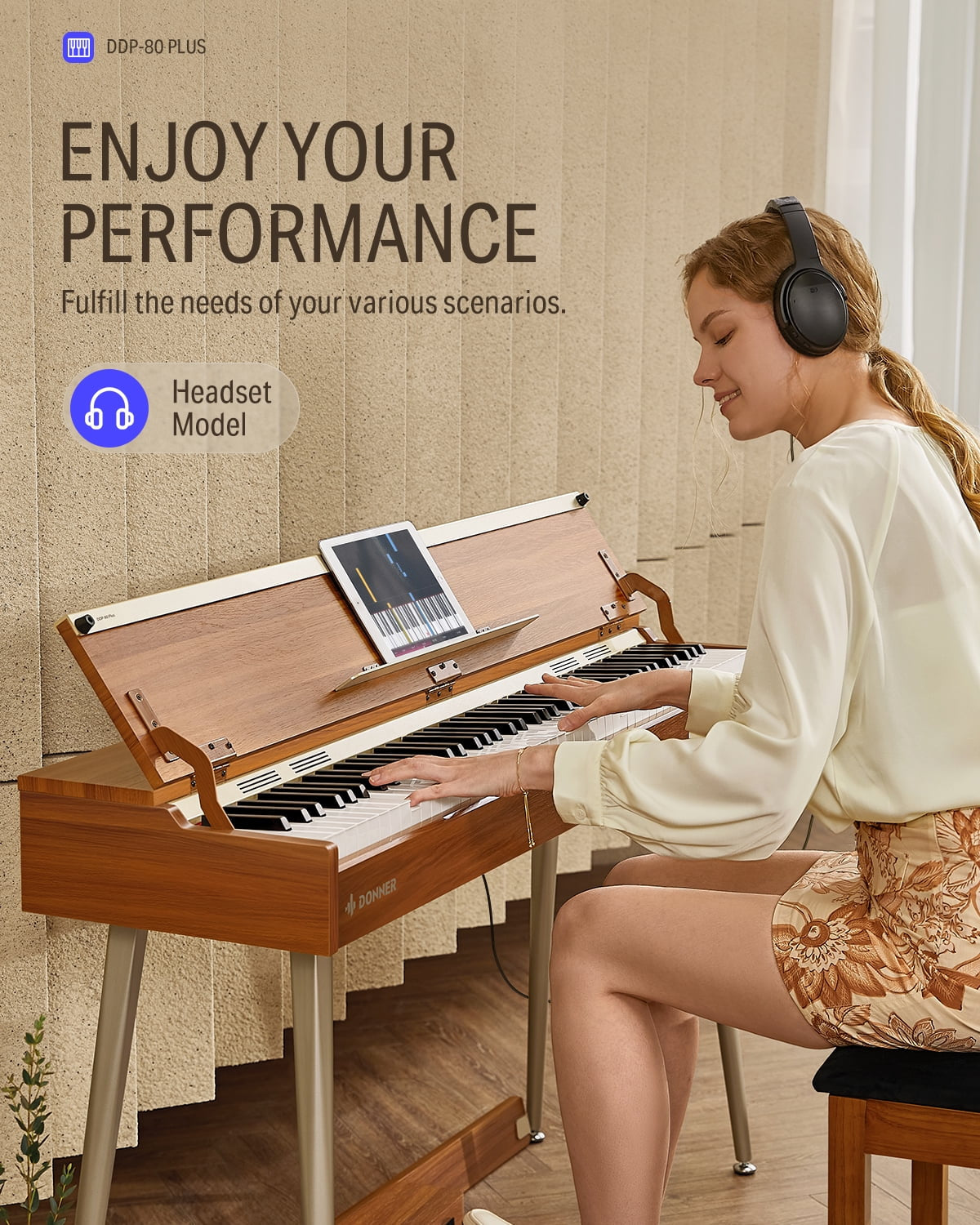 DDP-80 plus Digital Piano 88 Key Weighted Keyboard, Supports USB-MIDI and Headphones, with Three Pedal, Power Adapter, Brown