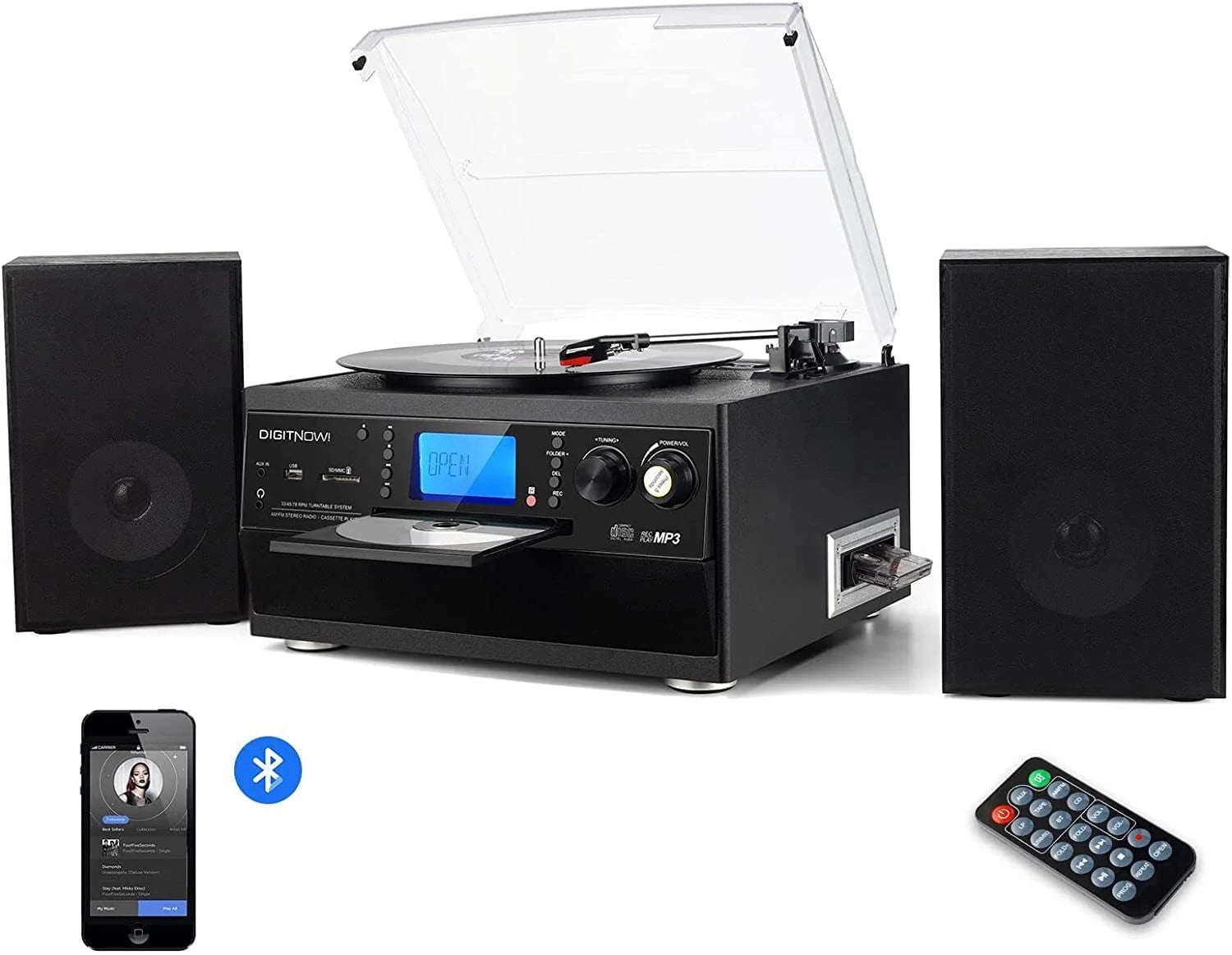 Record Player Bluetooth Turntable with Stereo Speaker, CD Player, Cassette, Radio, Aux in and SD Encoding, Remote Control, Audio Music Player Built in Amplifier