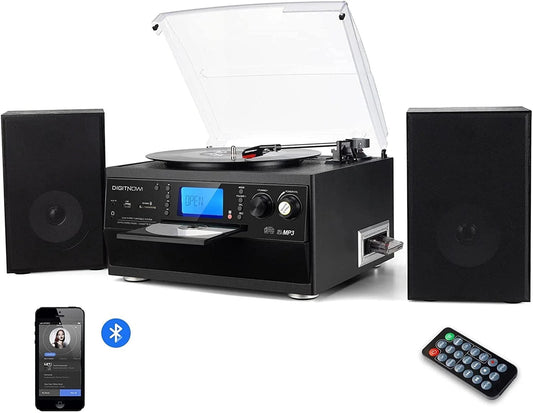 Record Player Bluetooth Turntable with Stereo Speaker, CD Player, Cassette, Radio, Aux in and SD Encoding, Remote Control, Audio Music Player Built in Amplifier
