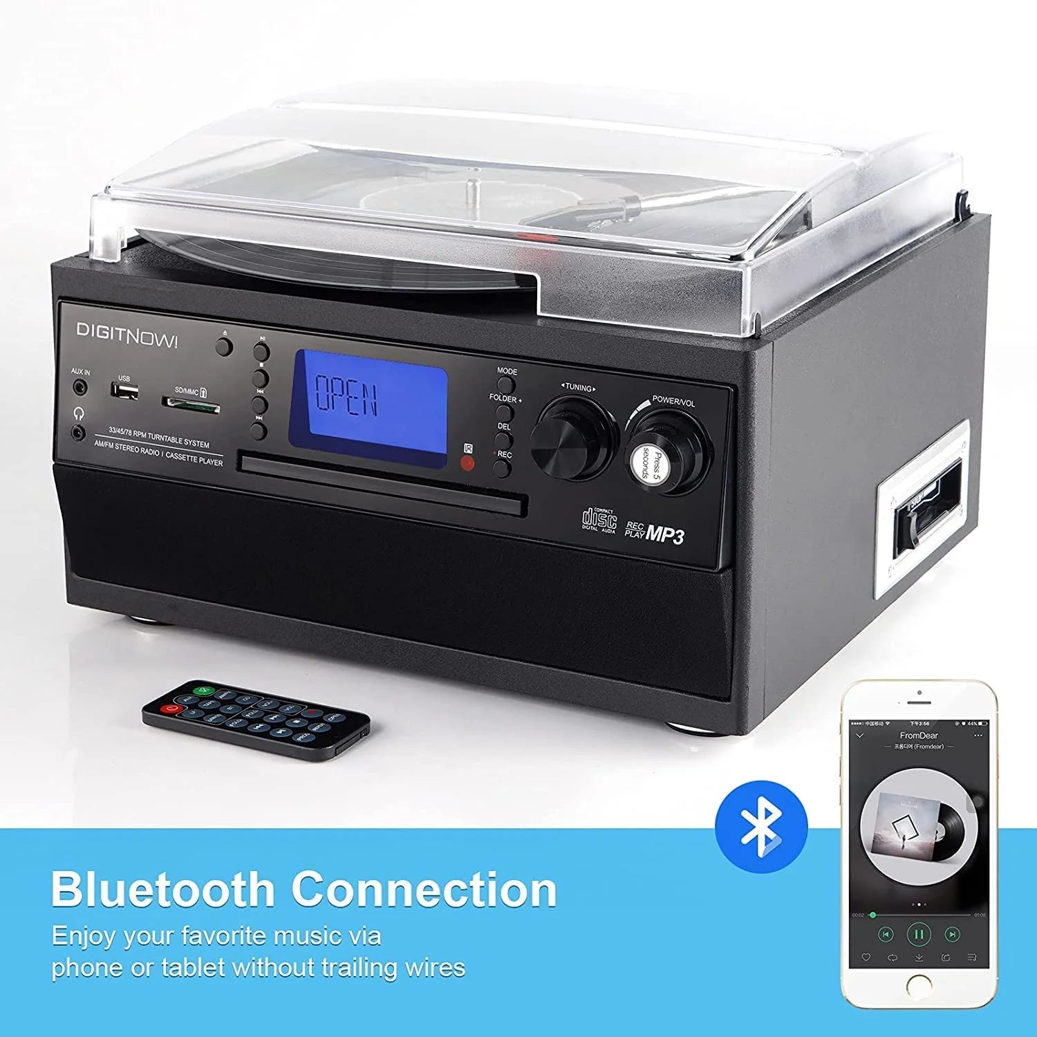 Record Player Bluetooth Turntable with Stereo Speaker, CD Player, Cassette, Radio, Aux in and SD Encoding, Remote Control, Audio Music Player Built in Amplifier