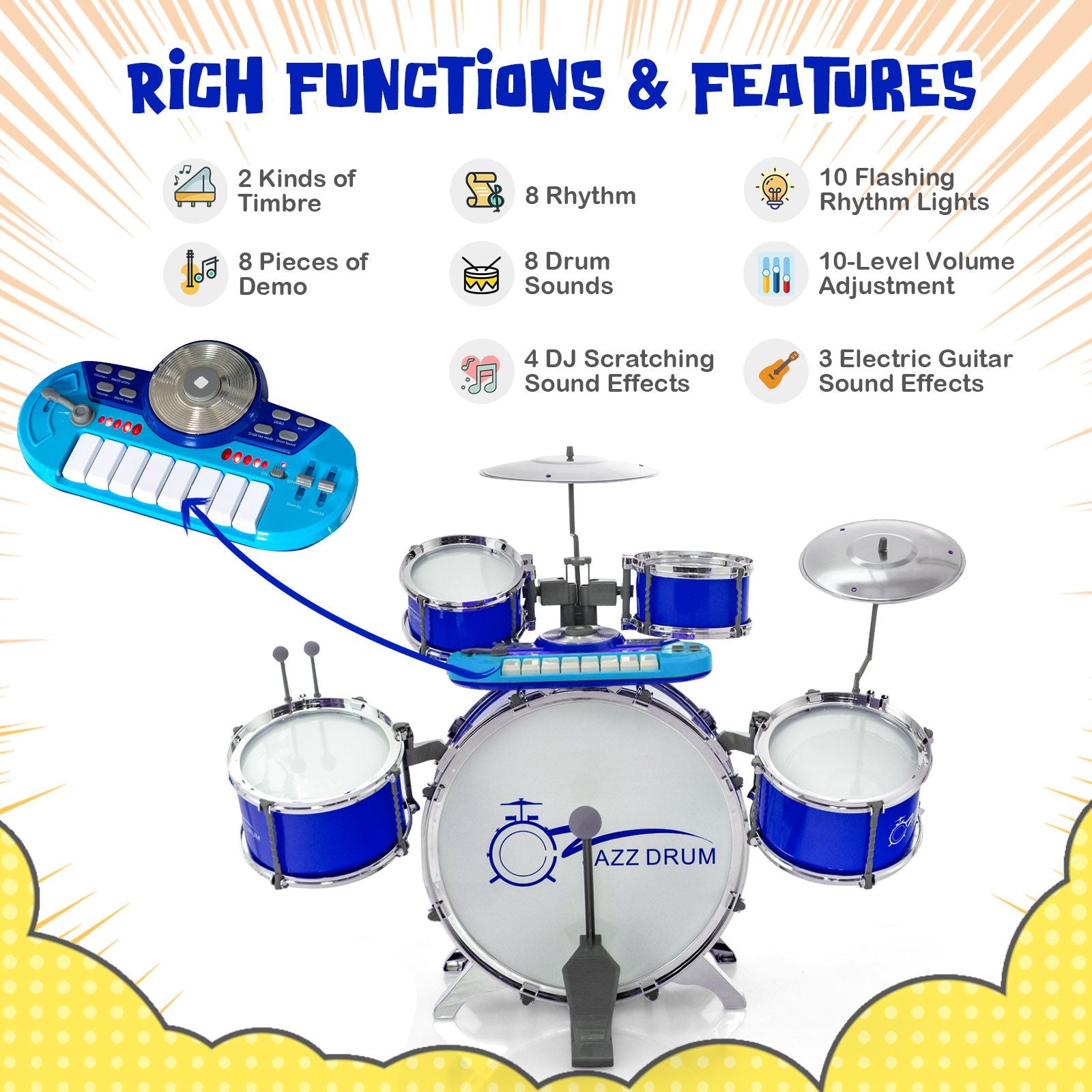 Kids Drum Kit with 8-Keys Keyboard, Microphone and 2 Drumsticks