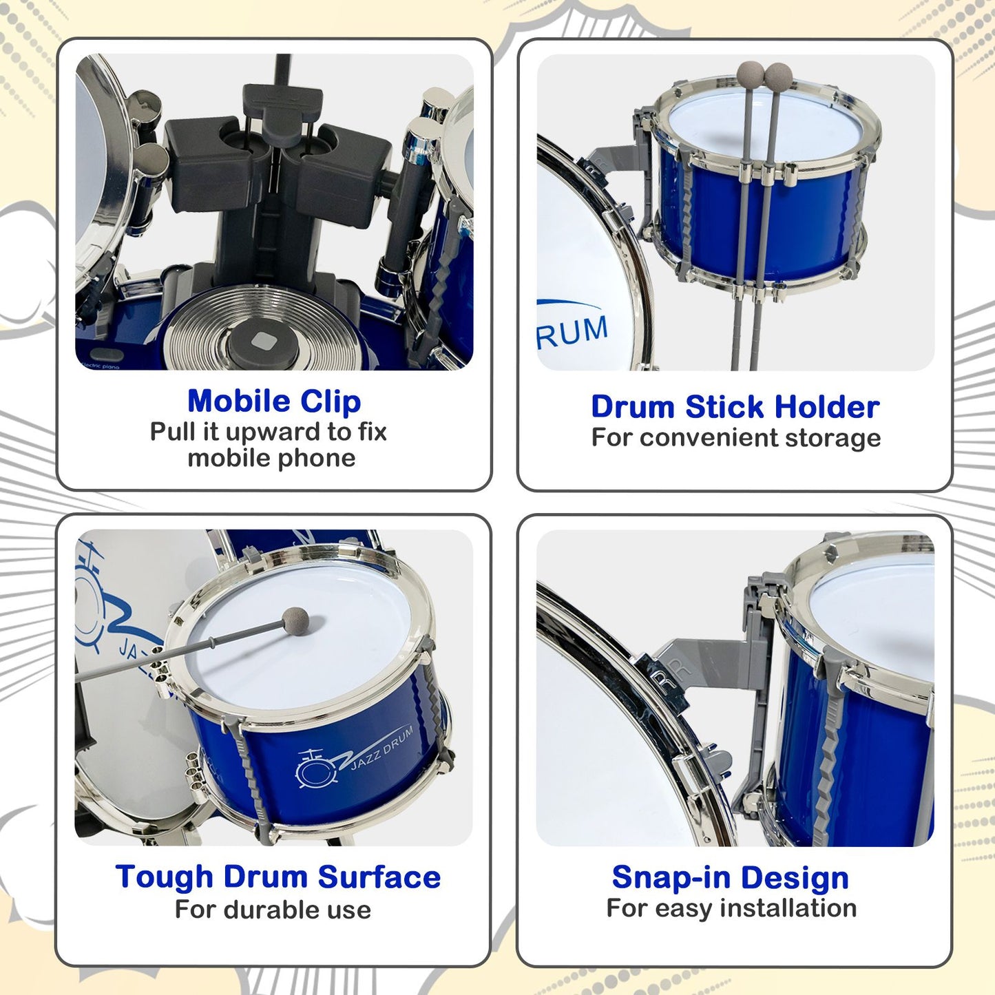 Kids Drum Kit with 8-Keys Keyboard, Microphone and 2 Drumsticks