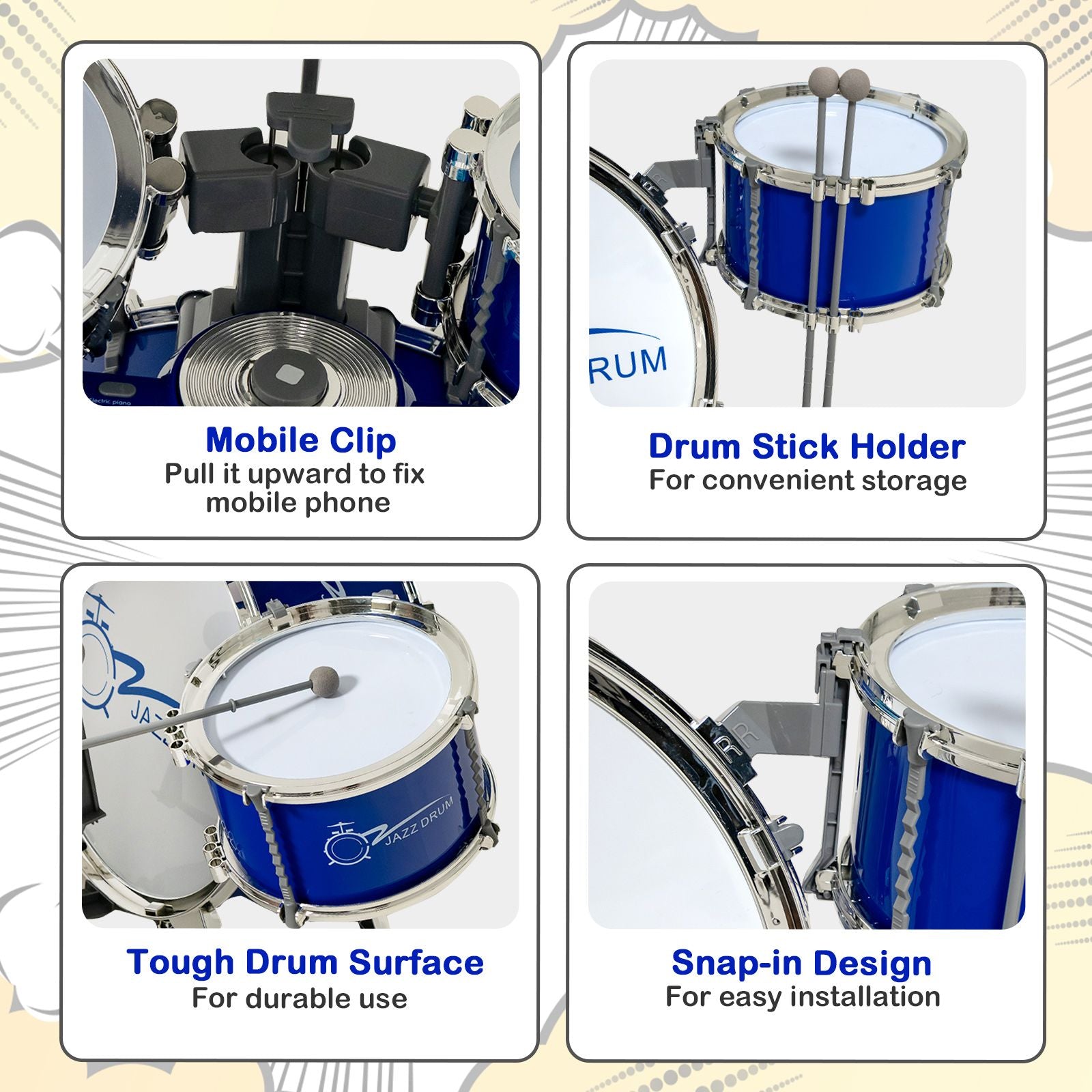 Kids Drum Kit with 8-Keys Keyboard, Microphone and 2 Drumsticks