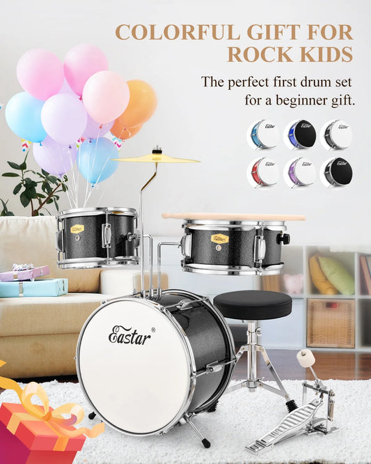 Kids Drums Toys 3 Piece 14 in Percussion Musical Instrument, Drumming Kit for Beginners, Metallic Black