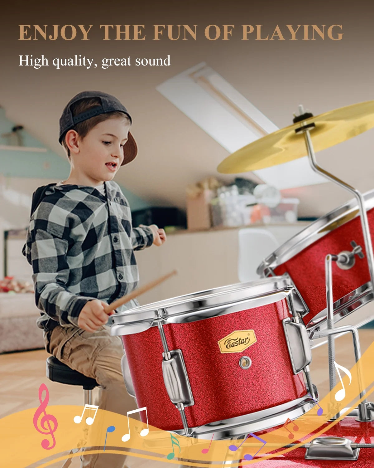 Drum Set for Kids 14 Inch 3-Piece Drums Kit Child Beginners Jazz Musical Instrument, Throne, Cymbal, Pedal, Drumsticks, Red