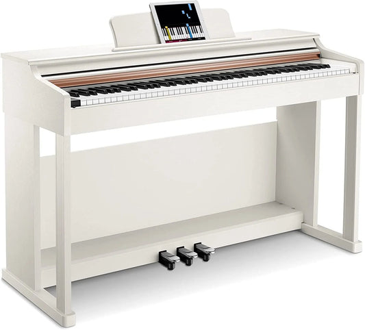 DDP-100 88-Key Weighted Action Digital Piano for Beginner Bundle with Piano Keyboard Stand, Power Adapter, Triple Pedals, MP3 Function, USB-MIDI, 2 Headphone Jacks, White, Melodics Lessons