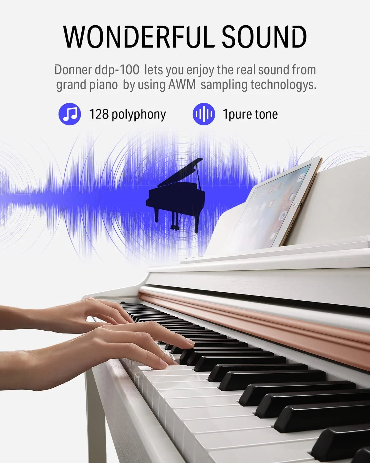 DDP-100 88-Key Weighted Action Digital Piano for Beginner Bundle with Piano Keyboard Stand, Power Adapter, Triple Pedals, MP3 Function, USB-MIDI, 2 Headphone Jacks, White, Melodics Lessons