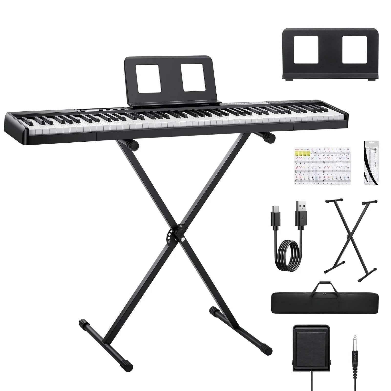 Piano Keyboard 88 Keys, Velocity-Sensitive Digital Keyboard Piano for Beginner, Portable Electric Piano with Stand, Sustain Pedal, Black, DEP-1