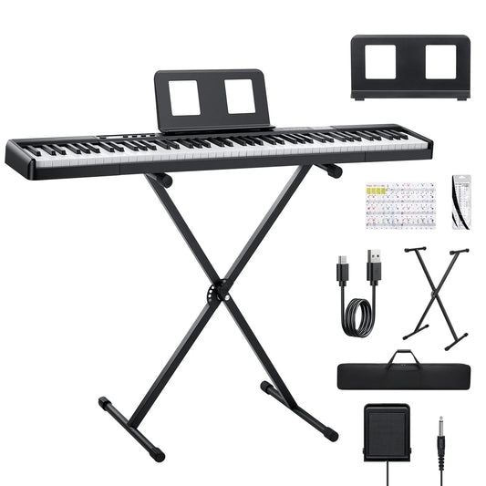 Piano Keyboard 88 Keys, Velocity-Sensitive Digital Keyboard Piano for Beginner, Portable Electric Piano with Stand, Sustain Pedal, Black, DEP-1