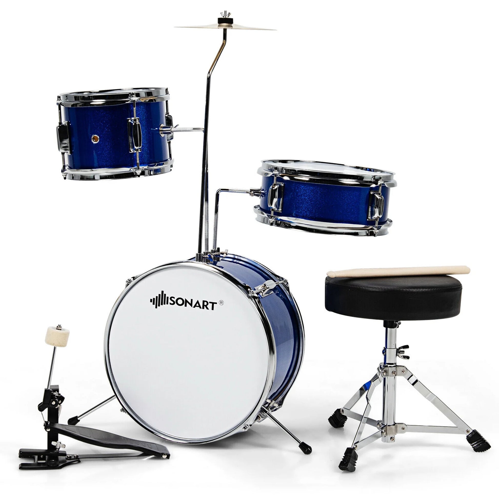 13 Inch 3-Piece Kids Junior Beginner Drum Set W/Tom Snare Bass Drum Blue