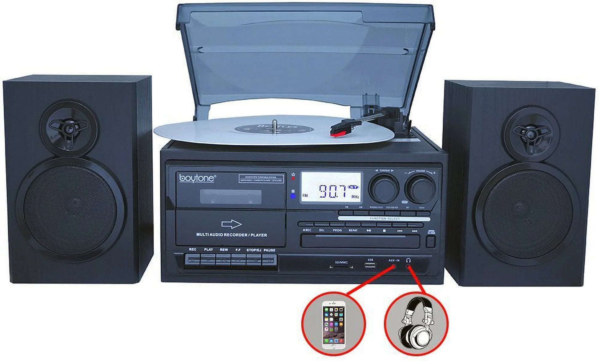 BT-28SPB, Bluetooth Record Player Turntable with AM/FM Radio, Cassette Player, CD Player
