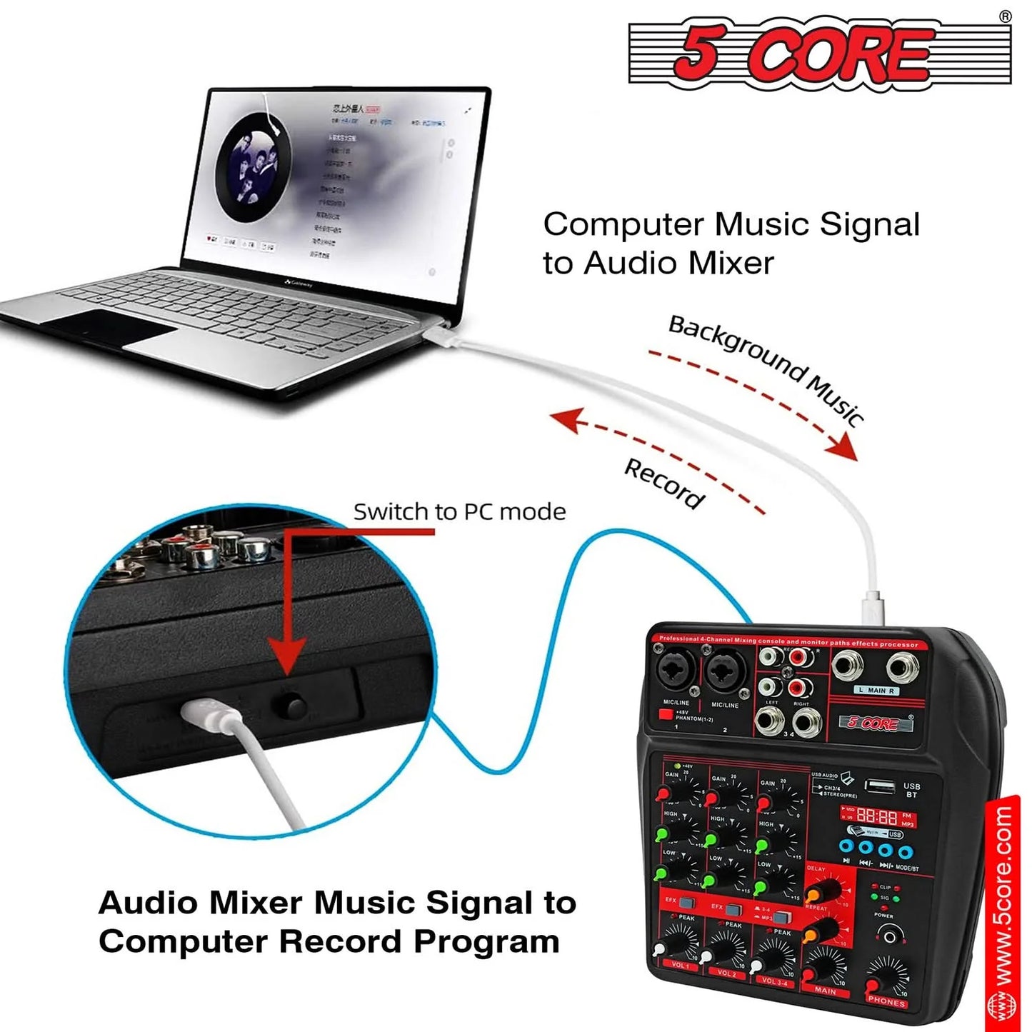 Audio Mixer 4 Channel DJ Equipment with Bluetooth USB Sound Board Console