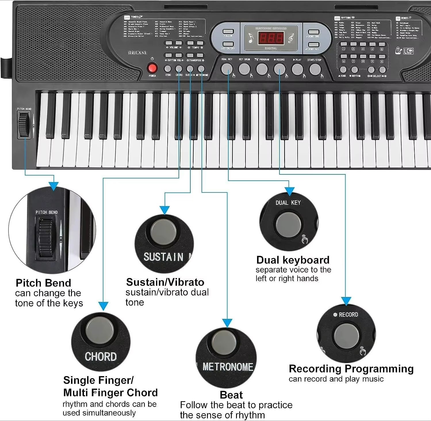 61 Keys Piano Keyboard,With Microphone Piano Note Sticker Power Supply Music Stand Electronic Digital Keyboard Gift