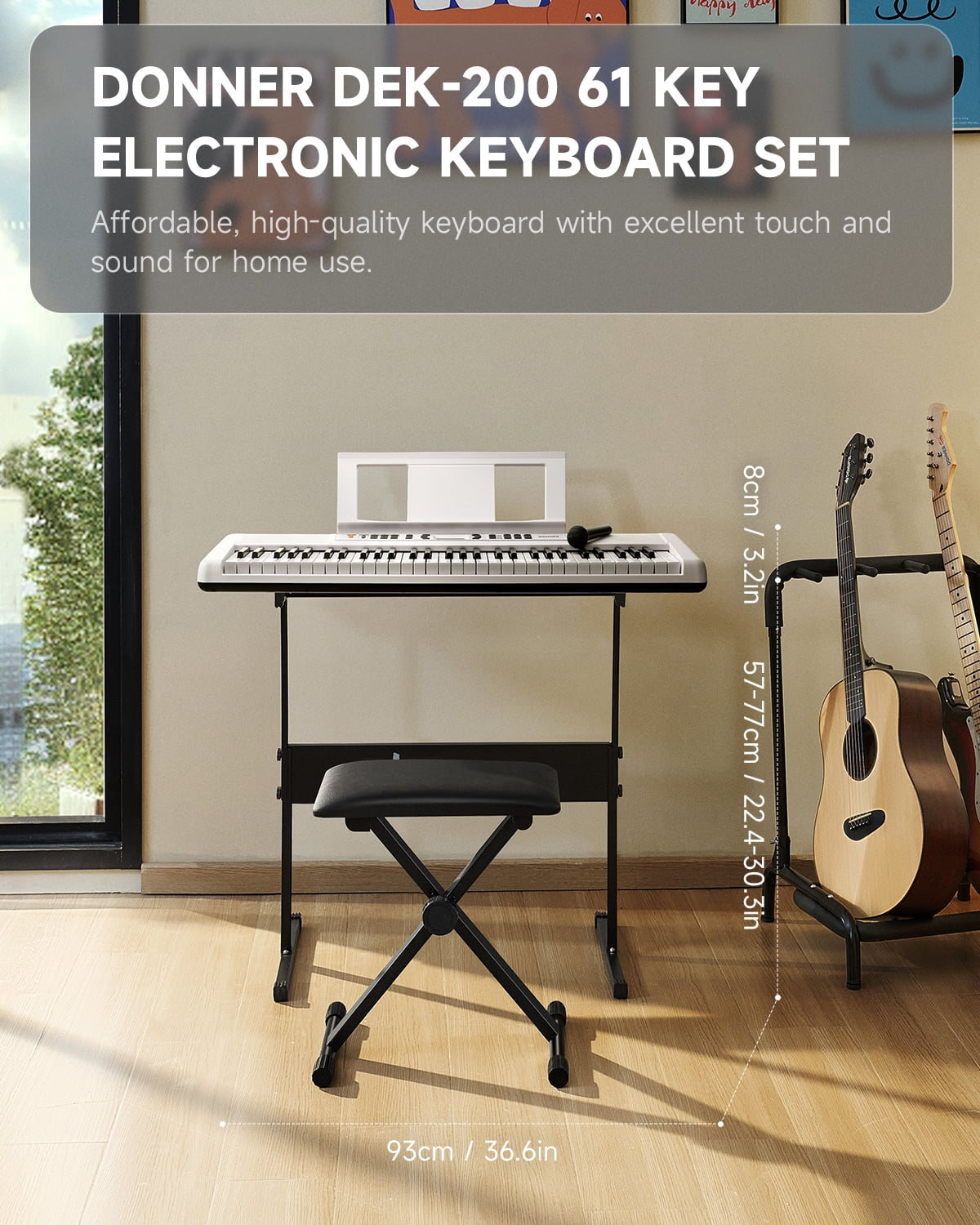 DEK-200 61 Key Piano Full-Size Electronic Keyboard Set, Dual Keyboard, Auto Accompaniment, Metronome, Record, Includes 300 Tones and Rhythms, with Stand, Bench, Microphone, White
