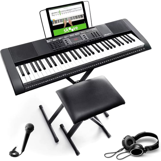 61 Key Keyboard Piano for Beginners with Speakers, Stand, Bench, Headphones, Microphone, Sheet Music Stand, 300 Sounds