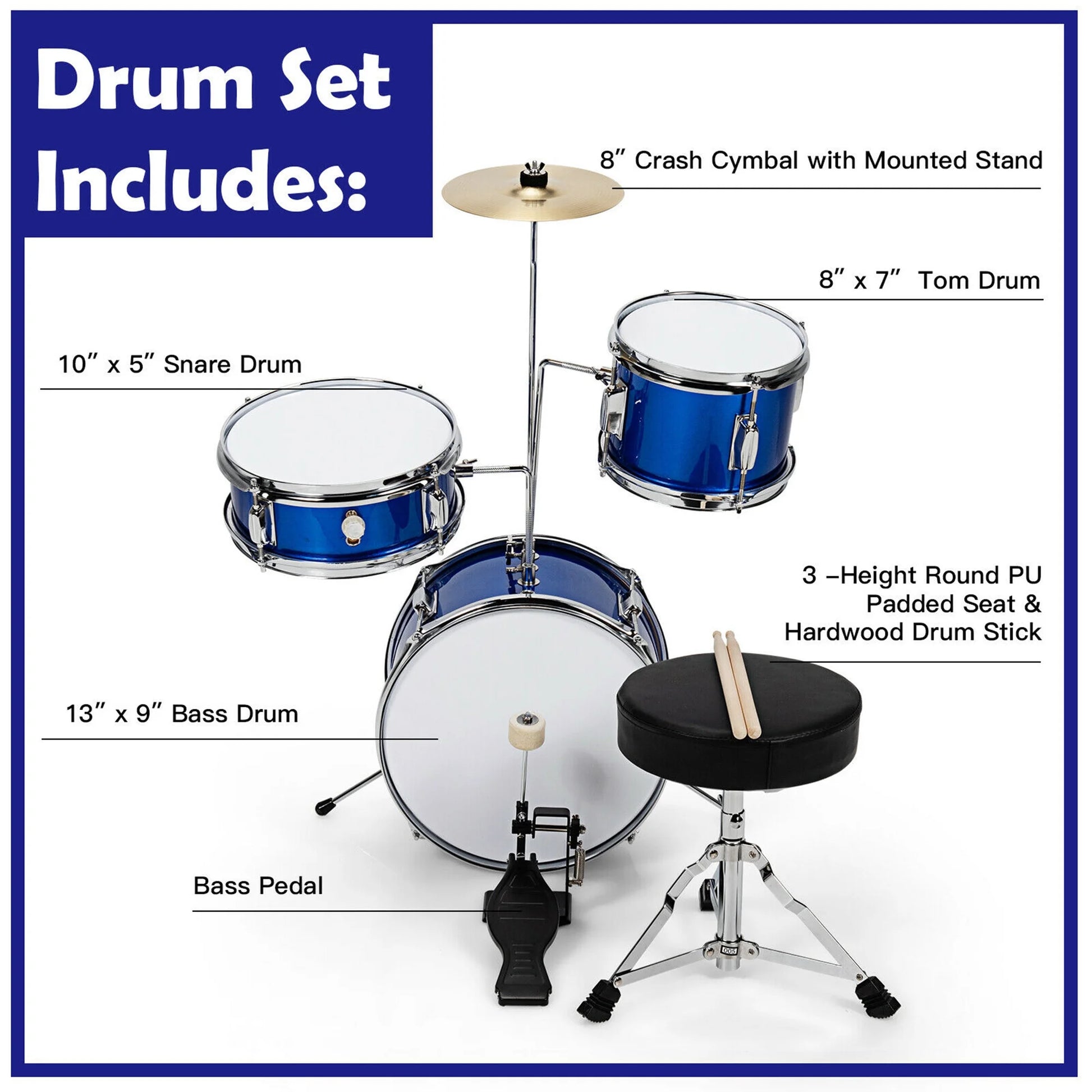 13 Inch 3-Piece Kids Junior Beginner Drum Set W/Tom Snare Bass Drum Blue