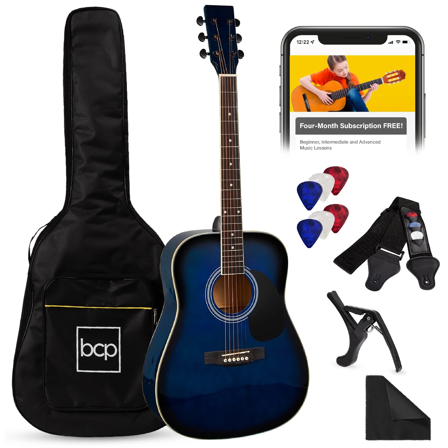 41In Full Size All-Wood Acoustic Guitar Starter Kit W/Gig Bag, E-Tuner, Pick, Strap, Rag - Blue