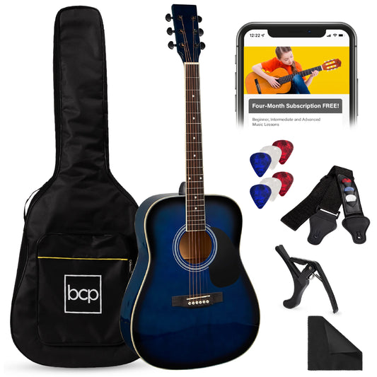 41In Full Size All-Wood Acoustic Guitar Starter Kit W/Gig Bag, E-Tuner, Pick, Strap, Rag - Blue