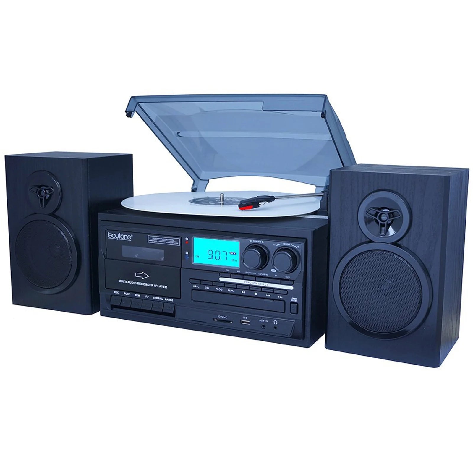 BT-28SPB, Bluetooth Record Player Turntable with AM/FM Radio, Cassette Player, CD Player