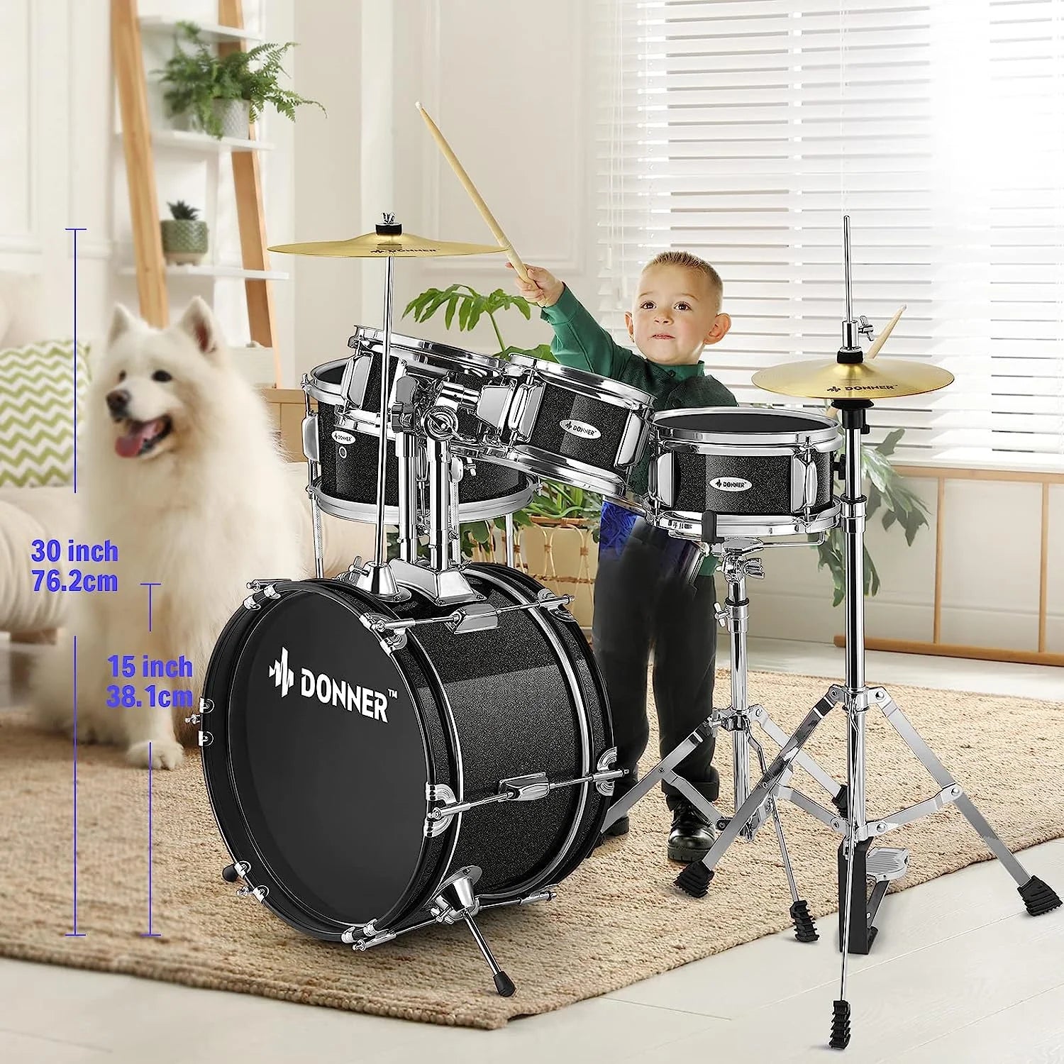 Kids Junior Drum Set for Beginner, 14" 5-Piece Percussion Instrument Practice Learning, Black