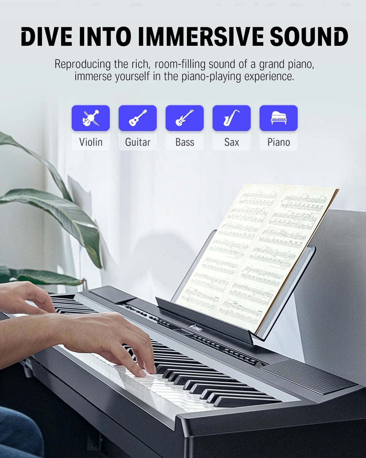 DEP-20 Beginner Digital Piano 88 Key Full Size Weighted Keyboard, Portable Electric Piano with Furniture Stand, 3-Pedal Unit, Black