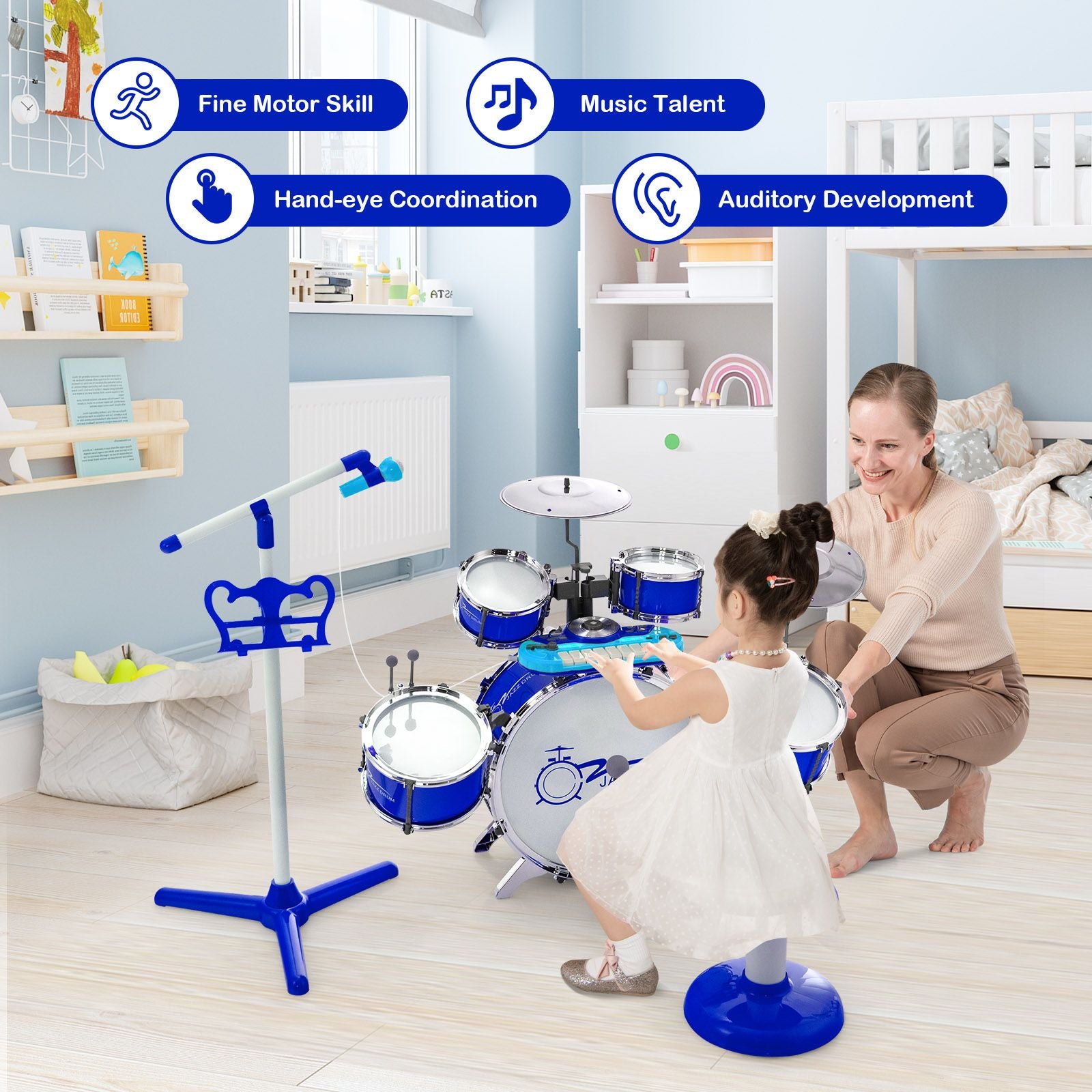 Kids Drum Kit with 8-Keys Keyboard, Microphone and 2 Drumsticks