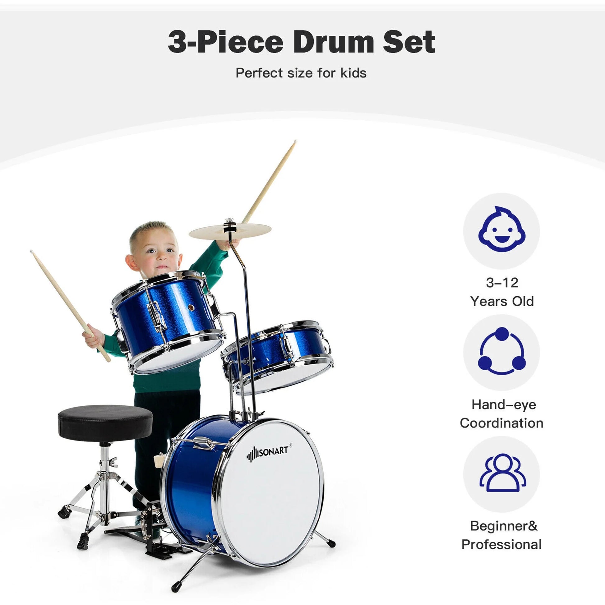 13 Inch 3-Piece Kids Junior Beginner Drum Set W/Tom Snare Bass Drum Blue