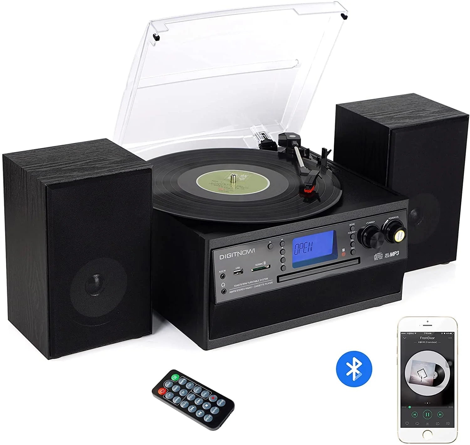 Record Player Bluetooth Turntable with Stereo Speaker, CD Player, Cassette, Radio, Aux in and SD Encoding, Remote Control, Audio Music Player Built in Amplifier