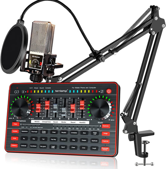 Audio Mixer with Sound Card,  Portable Podcast Equipment Bundle with XLR to 3.5Mm Studio Microphone, Audio Interface Sound Board Voice Changer for PC Recording Gaming Live Streaming Podcast