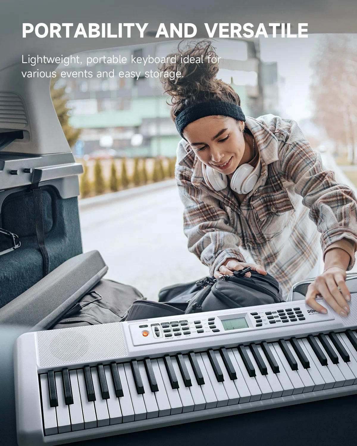 DEK-200 61 Key Piano Full-Size Electronic Keyboard Set, Dual Keyboard, Auto Accompaniment, Metronome, Record, Includes 300 Tones and Rhythms, with Stand, Bench, Microphone, White